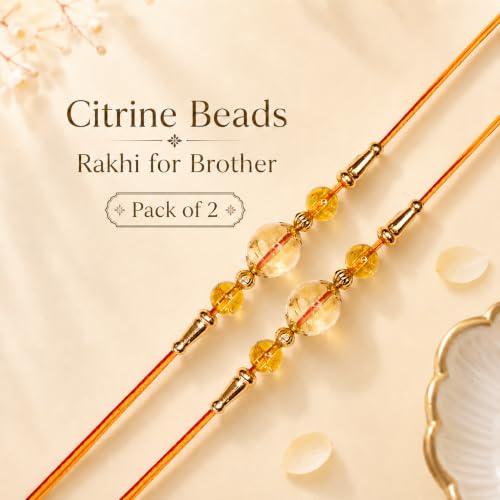 Image of Shubhanjali Crystal Beads Rakhi for Brother | Handmade Healing Crystal Stone Designer Rakhi for Bhaiya | Raksha Bandhan Gift Set with Roli Chawal, Kumkum, Greeting Card & Potli