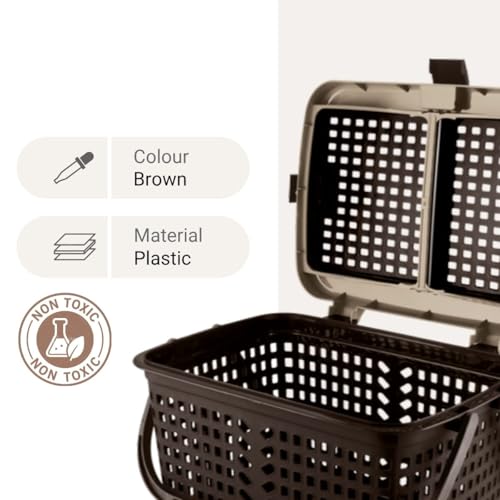 Image of FLAIR Dual Compartment Storage Basket Set of 3 - Sturdy Plastic Organizer with Handles & Lid | Plastic Multipurpose Trendy Shopping Big Basket | Ideal for Kitchen, Bathroom, Laundry & Toys (Brown)