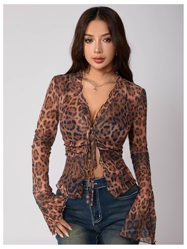 Image of RoseSeek Women's Y2k Leopard Mesh V Neck Tie Front Bell Sleeve T Shirt Tops
