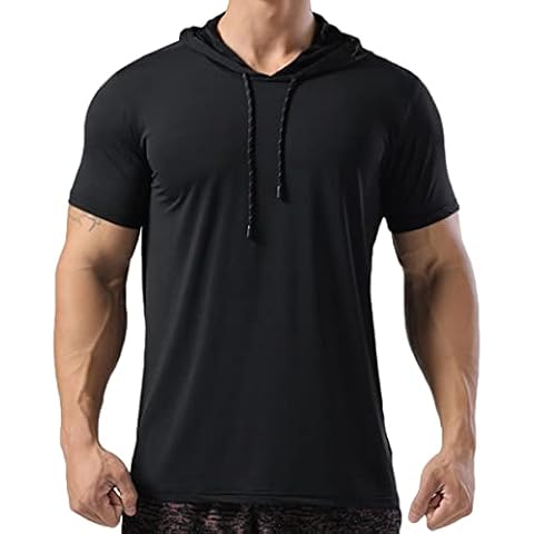 Magiftbox Mens Muscle Cotton Lightweight Workout Short Sleeve Hooded T-Shirts Gym Hoodies T63_Black_US-XL Cover