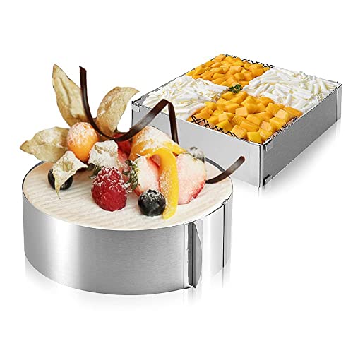 Gohytal Cercle à Pâtisserie Réglable, 2pcs Cercle à Pâtisserie Extensible en Acier Inoxydable Rond+Cadre Patisserie Rectangulaire, avec Echelle Ø 15-27.5cm/6 à 12 inch, pour Fraisier Mousse Dessert