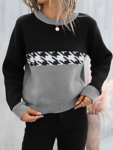 Image of chouyatou Women's Vintage Color Block Long Sleeve Pullover Sweater Houndstooth Printed Crewneck Jumper Tops