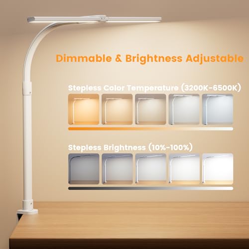 Image of LED Desk Lamp - Bright Dimmable Computer Lamp, 24W Bendable Desk Light for Monitor Screen, Eye-Caring Tall Desktop Light for Task Home Office Work, White, Dual Head