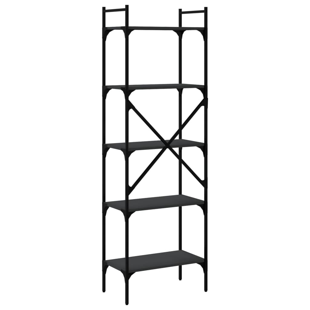 Bücherregal 5 Fächer Schwarz, Holzwerkstoff mit Metallrahmen, 56x31,5x174 cm, Standregal und Regalsystem für Büro Wohnzimmer Schlafzimmer, Stauraum und Ablage