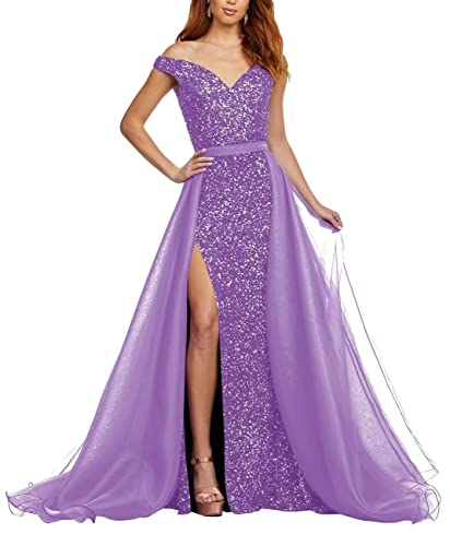 Qqcute Off Shoulder Sequin Prom Dresses For Women Tulle Ball Gown With Slit Mermaid Long Formal Evening Party Gowns(Purple,20) #TOP4