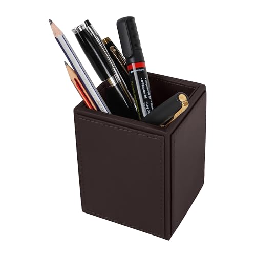 Image of V-CUBE DESIGNS Premium Vegan Leather Pen Holder for Desk & Study Table Accessory | Marker /Pencil Stand for Student | Stationery Organizer for Office Table & Home | 6mm Thickness with MDF Core |Brown