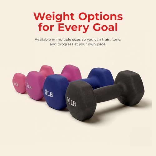 Image of Sunny Health & Fitness Neoprene Coated Hex Shaped Dumbbell Non-Slip Fitness Weights for Home Gym Exercise, Full Body Workout Strength Building, Weight Loss, Sold in Pairs - Sizes - 2LB, 5LB, 8LB, 10LB