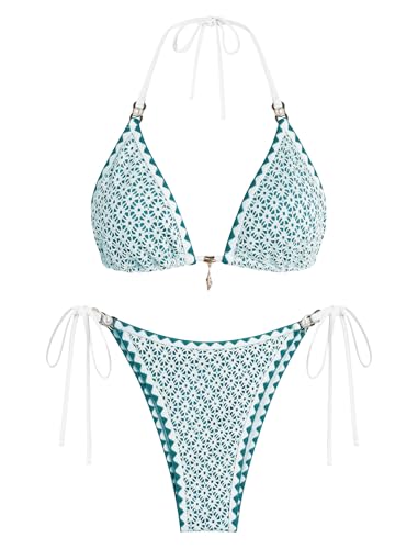 Image of ZAFUL 2 Piece Halter Bikini Sets Hollow Out Triangle Bikini for Women Sexy Bathing Suit High Waisted Side Tie Swimsuits