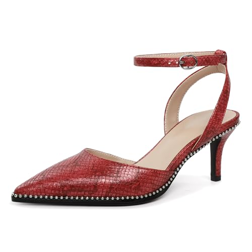 Image of SAMMITOP Kitten Heels for Women Low Heel Closed Toe Ankle Strap Pumps Wedding Party Beaded Dress Shoes 2.4 Inch