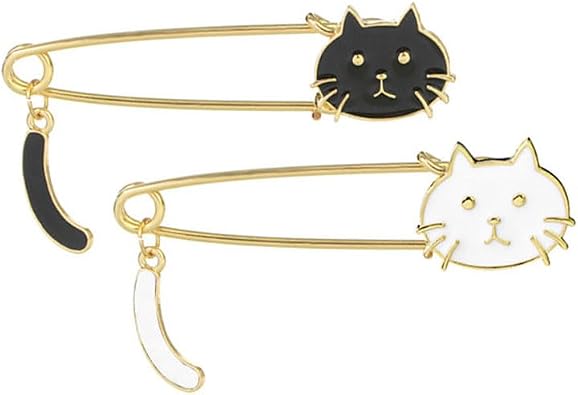 2 Pcs Cute Cat Brooch Black White Cats Brooch Pin Cat Safety Pin Ketty Lapel Pin for Women Men Girls Halloween Jewelry Gift