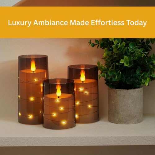 Image of Flickering Flame with Fairy Lights | Flameless Candles 3 Set | Grey Acrylic LED Pillars | Remote & Timer | Battery Operated | D3 xH4 5 inch 6 inch | Home Decor | Safe & Stylish