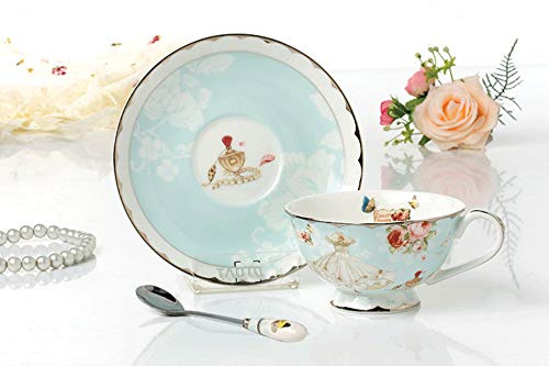 Fine Bone China Tea Cups And Saucers, Pastel Blue Floral Design Coffee Mug Tea Cups Set With Gift Box For Women Mom, 7 Ounces #TOP2