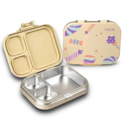 Image of THEONI Bento Joy Kids Stainless Steel Lunch Box, 3-Compartment Leak-Proof Tiffin Box, BPA-Free Food Grade 304 Steel, School Lunch Box with Kid-Friendly Locks for Boys & Girls Age 4-10 - Yellow