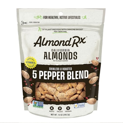 Image of AlmondRx | Heart Healthy Skinless Lightly Salted California Almond Snack Packs | Fortified with Vitamin D | Plant Protein | Keto | Vegan | No Sugar Added (12 Ounce (Pack of 1), 5 Pepper Blend)