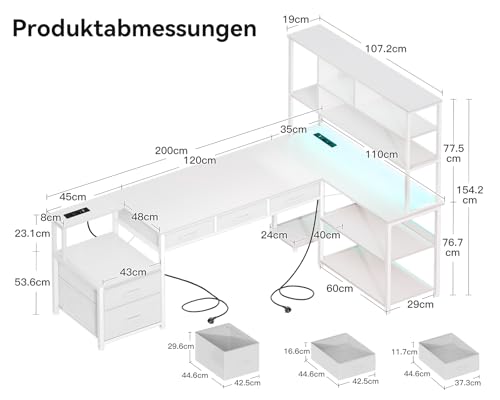 Coleshome Eckschreibtisch mit 5 Schubladen & 4 Regalen, 200×110cm Schreibtisch L-Form mit LED, Steckdosen & USB, großer Schreibtisch für Homeoffice, Weiß