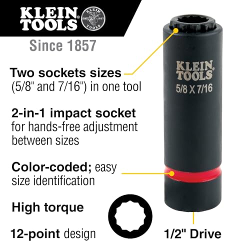 Image of Klein Tools 66012 2-in-1 Impact Socket with 12-Point Deep Sockets, Coaxial Spring Loaded in 5 /8- and 7 /16-Inch Sizes
