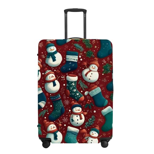 Image of Luggage Cover - Allover Green Socks and White Snowmen Pattern on Dark Background, Stretchable Suitcase Protector for 24 26 Inch Travel Bags