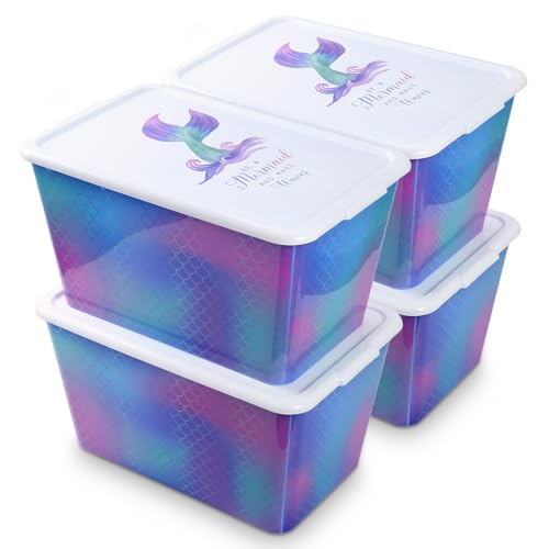 Image of SIMPLYKLEEN Storage Organizer Bins with Lids - 4PC 58QT Heavy-Duty Container Boxes Stackable and Nestable Storage Bins Plastic Large Storage Totes Rainbow Mermaid Bins for Home, Office, and Garage