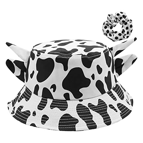 WINYU Cow Bucket Hat with Cute Horn Ears for Unisex Cotton Cow Print Bucket Hat Summer Beach Sun Hat Fisherman Hat Outdoor Cap (Black/White) Cover