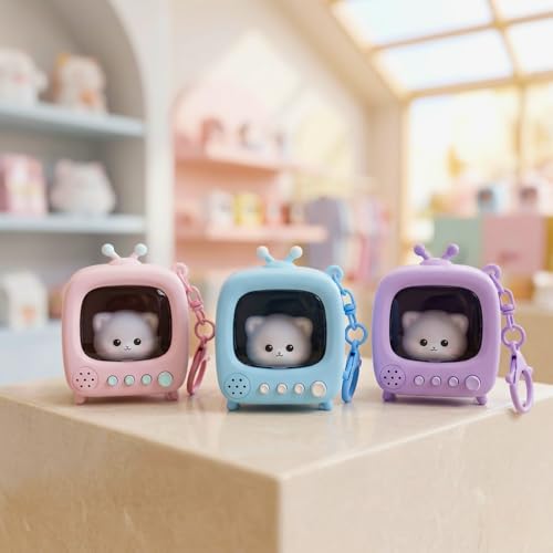 Image of Cute Retro TV Cat Keychain with LED Glowing Night Light Miniature Animated Doll Pendant Backpack Charm Cartoon Keyring Birthday Gift for Kids Friends (Mini TV)
