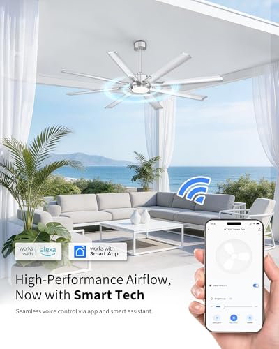 Image of 72 Inch Bruehed Nickel Ceiling Fan With Light,Smart Fan Work With Alexa,Industrial Ceiling Fan With 8 Aluminium Metal Blades,Ideal for Courtyard,Patio and Living Room,CF04BN-72