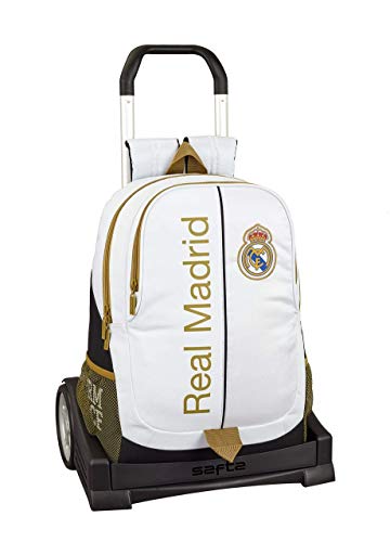 Real Madrid CF Mochila con Carro Ruedas Evolution  Trolley Equipaje para niños  Blanco