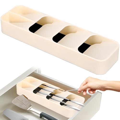 Lucywey Organizador de cubiertos para el cajón de la cocina, 39,5 x 11 cm organizador de cubiertos con 5 compartimentos, organizador de cocina, color beige