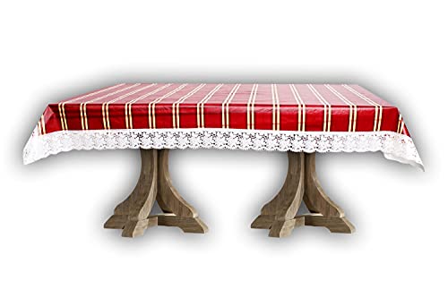 Image of The Furnishing Tree Waterproof PVC Rectangle Shaped 12 Seater Table Cover WxL 60x140 inches Plaid Pattern Red with White Border lace
