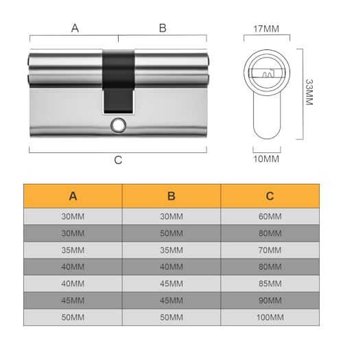 Bwintech 1-częściowa mosiężna wkładka bębenkowa 30/50 mm Euro, zamek bębenkowy na klucz 80 mm z 5 poziomymi mosiężnymi kluczami, zabezpieczenie przed przekłuciem, chromowane wykończenie