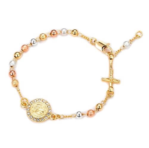 Women Link Bracelets Gold Plated Crucifix Rosary Bead Rose Chain Bracelet