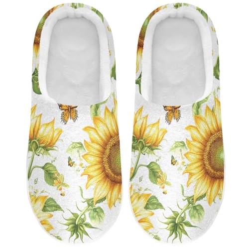 JUNZAN Cute Sunflower White Womens Cotton Slippers Breathable Memory Foam Ladies Slippers for Indoor Birthday Presents 6-7