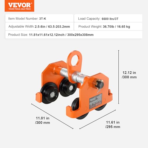VEVOR Laufkatze 3Tonnen Tragfähigkeit Hallenkran 63,5-203,2mm Einstellbare Breite Kran 300x295x308mm Rollfahrwerk Doppelrad-Design Handfahrwerk für I- und H-Trägern Hallenkran Ladekran