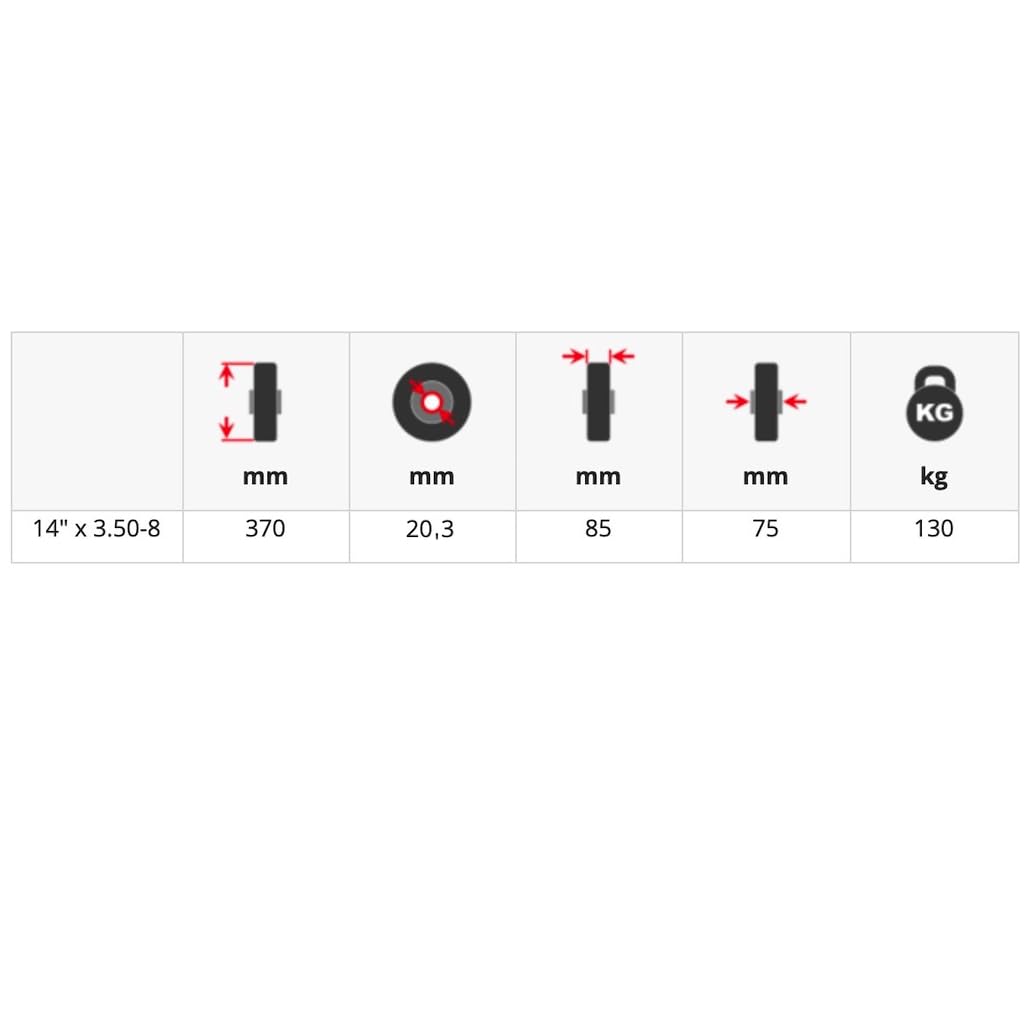 4 x Rueda neumática Ø 370 mm 3.50-8 cojinete liso rueda de carretilla neumáticos, negro/rojo