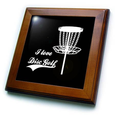 3dRose 8x8 Framed Tile - I Love Disc Golf with disc Golf Basket. White on Black Background. Stamp City - Typography - disc Golf
