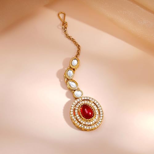 Image of Rubans Necklace Maangtikka Set Gold Plated Kundan & Pearl Jewellery Gift for Women & Girls