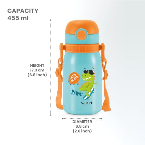 Image of MILTON Torque 450 ISI Certified Stainless Steel Water Bottle, Leak Proof, Rust Proof, Single walled,1 Yr Warranty, Ideal Sipper Water Bottle for School Kids Bottle, 455 ml, Blue (Dinosaurs)