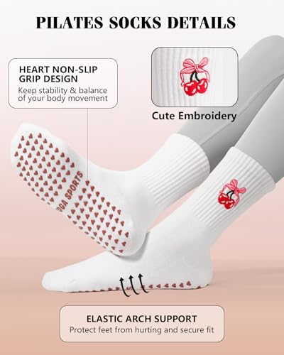 Image of yeuG Pilates Grip Socks for Women Grippy Yoga Socks Cute Barre Non Slip Athletic Crew Sticky Sock Workout Embroidery Pattern