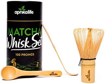 AprikaLife – Matcha Bamboo Whisk Set, Traditional Handmade Starter Kit Included Whisk (Chasen) with 100 Prongs, Scoop (Chashaku), Spoon – Premium Gift Box