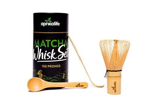 Aprikalife Japanese Matcha + Matcha Whisk Set Bundle - 100G Organic Matcha Green Tea Powder, Whisk (Chasen), Scoop (Chashaku), Spoon And Gift Box #TOP5