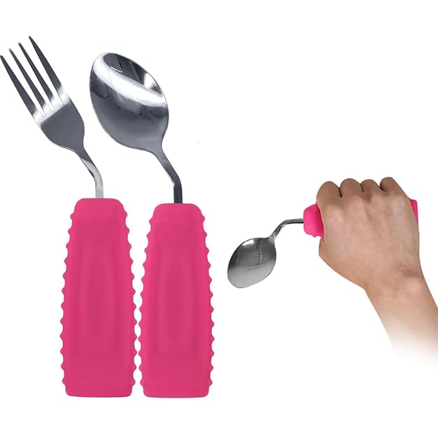 Image of Adaptive Utensils Angled Spoon and Fork for Hand Tremors Parkinsons,Weighted Utensils with Non-Slip Easy Grip Handles for Independent Eating (1pcs Spoon+1pcs Fork=2 pcs,Pink,Right Hand)