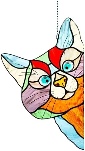 Glass Window Hangings Ca,Handmade Stain Glass Cat Suncatchers,Art Multicolor Cat Decoration Pendant,Stained Acrylic Suncatchers Cute Cat Window Hanger Peeking Sun Catcher Acrylic Cat for Cat Lovers