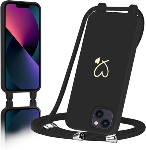 AoozeFon für iPhone 14/13 Hülle mit Band Handyhülle iPhone 13/14 mit Kordel zum Herz Schutzhülle Handyband mit Umhängen Abnehmbare Weich TPU Liquid Silikon BumperSchwarz