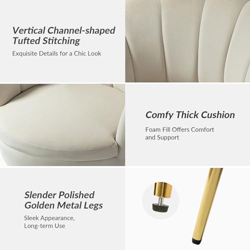 Image of HULALA HOME Modern Velvet Accent Chair with Shell Shaped Back, Cute Living Room Bedroom Armchair Sofa Chair with Gold Legs, Comfy Upholstered Vanity Chair for Makeup Room, Tan