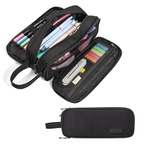 SUNEE Large Capacity Pencil Case with 3 Compartment Extra Big Pencil Pouch Pencil Bag with Zipper Cute High Stationery Organizer Oxford Pen Box School Supplies for Student Teen Girls Boys Black