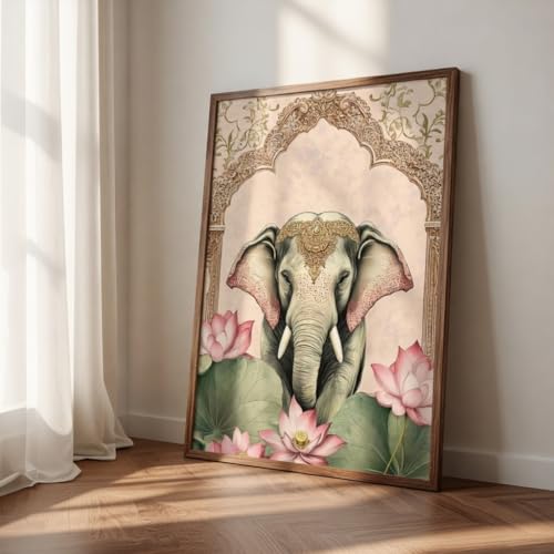 Image of SAF Royal Elephant Lotus Wall Art with Wooden Frame | Vintage Palace Arch HD UV Laminated Print on MDF | Elegant Vastu Animal Painting for Living Room Bedroom Decor 13.5 x 19.5 Inch