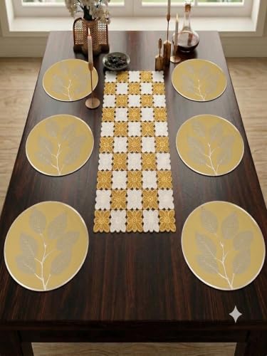 Image of Dakshya Industries PVC Waterproof Round Table Placemat & Table Runner Combo Set | 6 Round Table Mats (38 x 38 cm) + 1 Table Runner | Heat Resistant, Washable, Non Slip Dining Table Decor (Coventra)