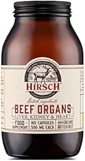 Hirsch Organic Grass Fed Beef Organ Meat Supplement (Liver, Kidney & Heart) - 180 Capsules - Raw Freeze Dried - No Additives - Organic British Ingredients