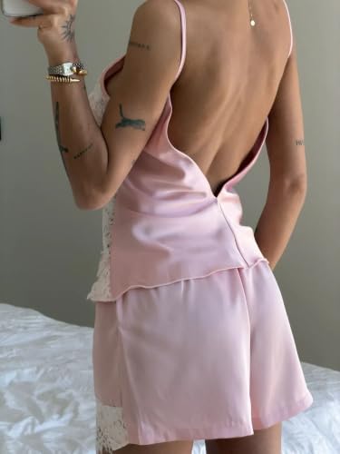 Image of Women Lace Trim Coquette Shorts Set Silk Satin 2Pcs Pajama Set Sleepwear