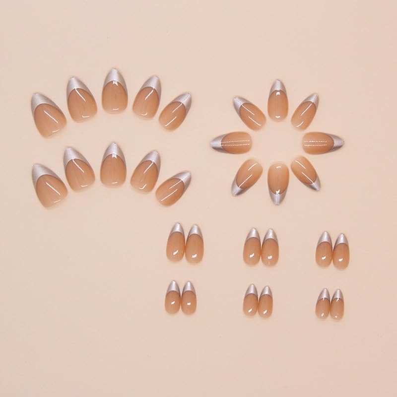 JUSTOTRY 24 Pcs Gold Almond Short False Nails Pattern,Nude Press on Nails,Glossy Fake Nails Medium for Nail Art,French Oval Stick on Nail for Women Gifts - Image 2