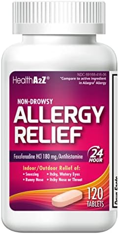 HealthA2Z Fexofenadine Hydrochloride 180mg, Antihistamine for Allergy Relief ,Non-Drowsy,24-Hour, 120 Count Coated Caplets,Compare to Allegra Active Ingredient